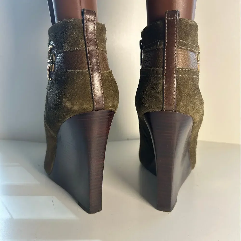 Tory Burch Aaden Wedge Dark Green Suede Ankle Boots Sz 10.5